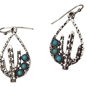 Silver and Turquoise Cactus Western Earrings